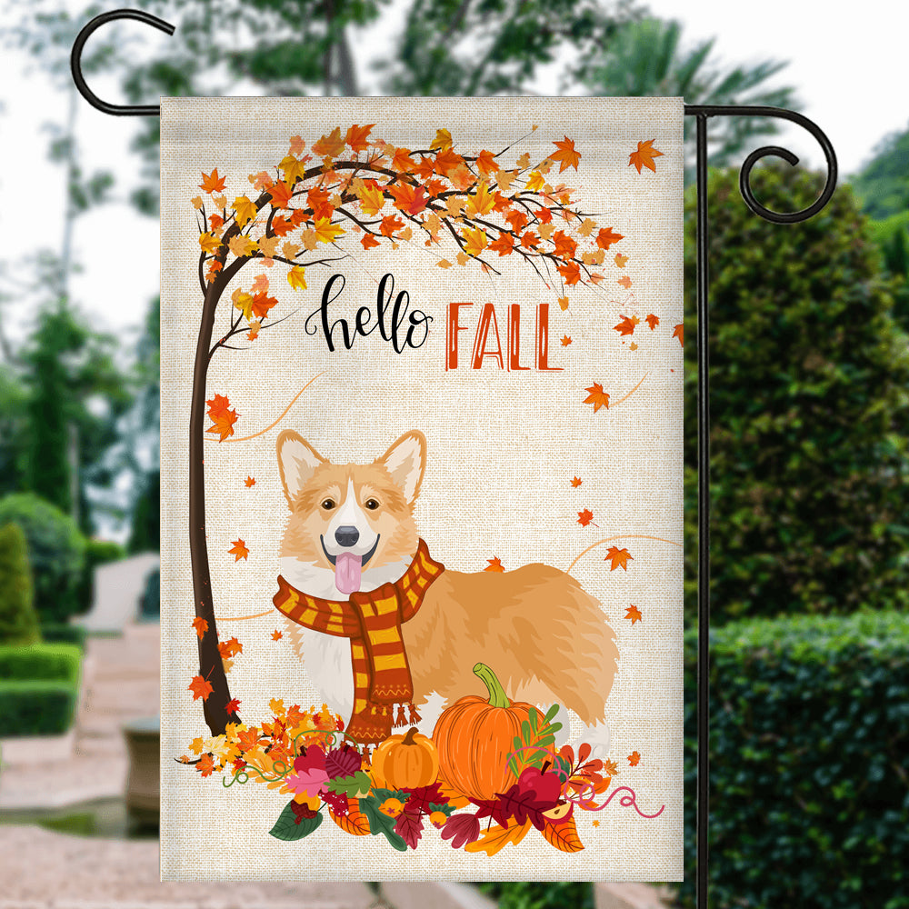 Hello Fall Corgi Dog Flag Maple Leaves Orange Pumpkin Autumn | siriusteestore
