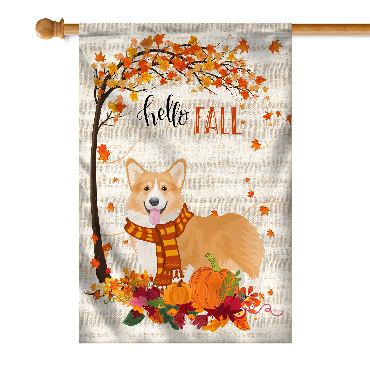 Hello Fall Corgi Dog Flag Maple Leaves Orange Pumpkin Autumn | siriusteestore