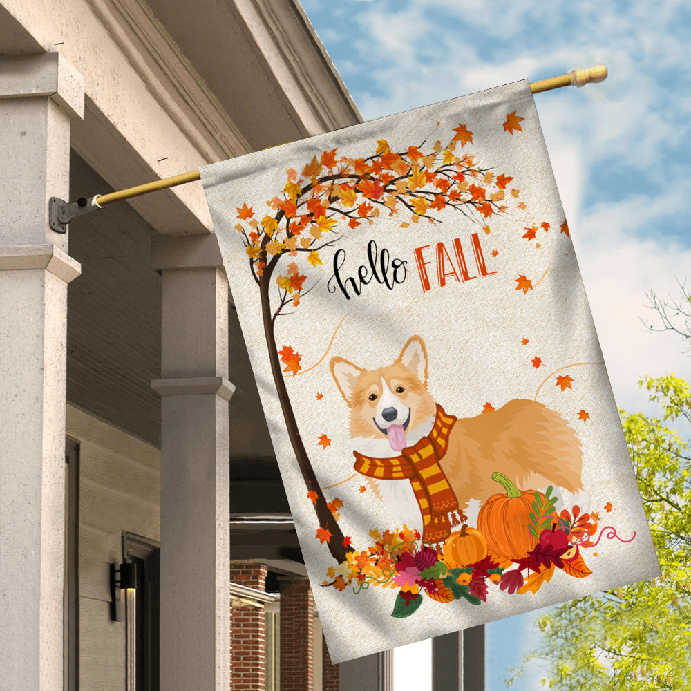 Hello Fall Corgi Dog Flag Maple Leaves Orange Pumpkin Autumn | siriusteestore