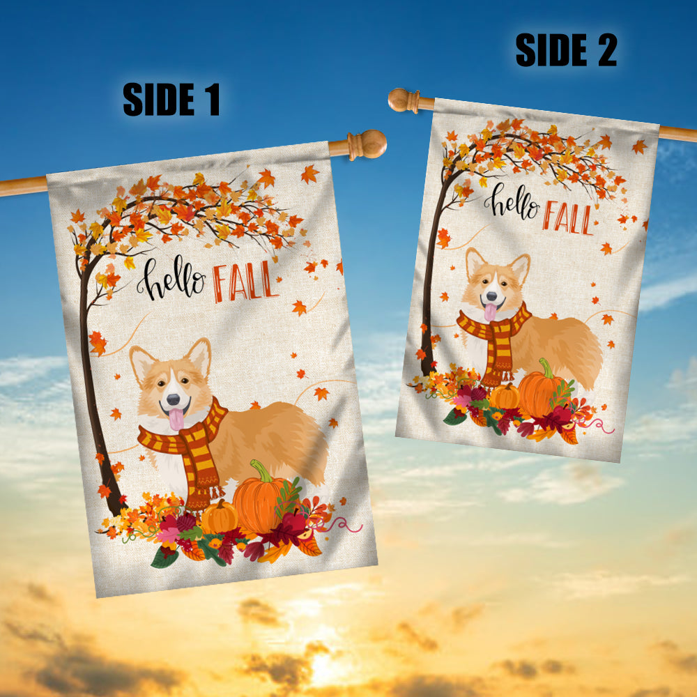 Hello Fall Corgi Dog Flag Maple Leaves Orange Pumpkin Autumn | siriusteestore