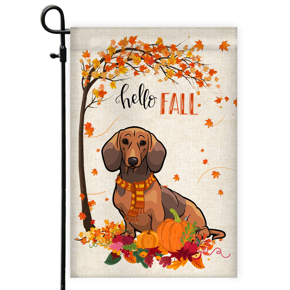 Hello Fall Dachshund Dog Flag Maple Leaves Orange Pumpkin Autumn | siriusteestore