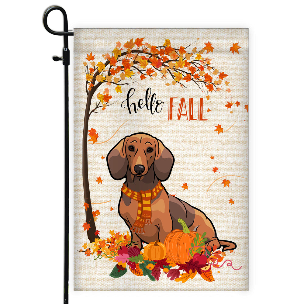 Hello Fall Dachshund Dog Flag Maple Leaves Orange Pumpkin Autumn | siriusteestore