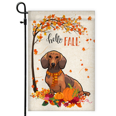 Hello Fall Dachshund Dog Flag Maple Leaves Orange Pumpkin Autumn | siriusteestore