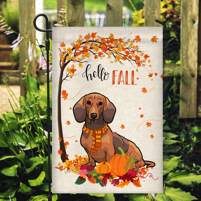 Hello Fall Dachshund Dog Flag Maple Leaves Orange Pumpkin Autumn | siriusteestore