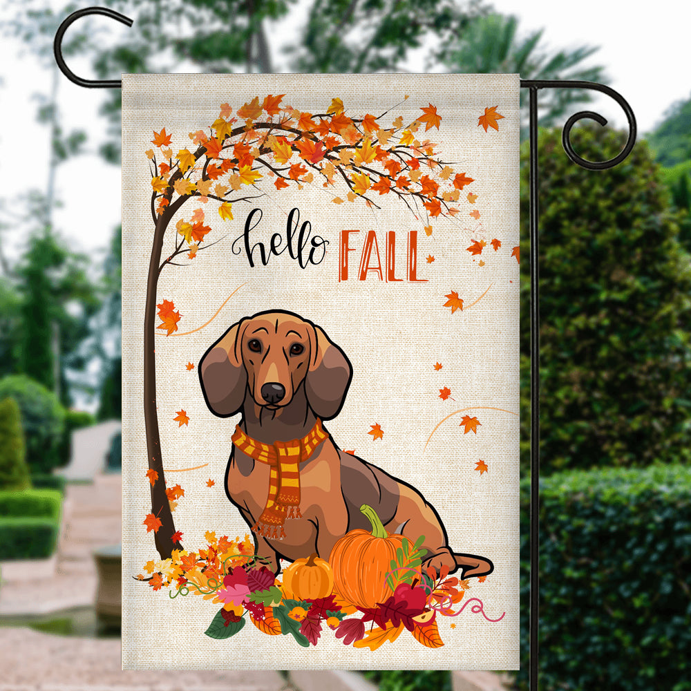 Hello Fall Dachshund Dog Flag Maple Leaves Orange Pumpkin Autumn | siriusteestore