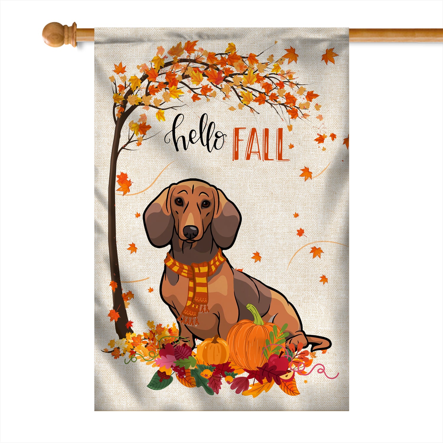 Hello Fall Dachshund Dog Flag Maple Leaves Orange Pumpkin Autumn | siriusteestore