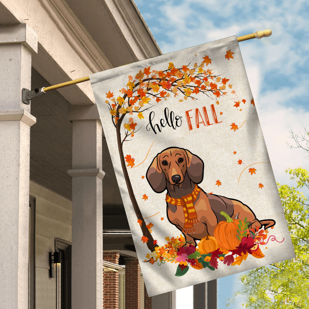 Hello Fall Dachshund Dog Flag Maple Leaves Orange Pumpkin Autumn | siriusteestore