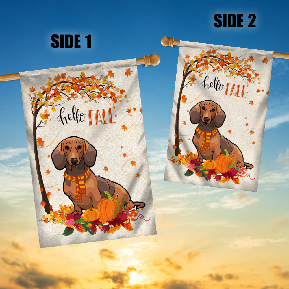 Hello Fall Dachshund Dog Flag Maple Leaves Orange Pumpkin Autumn | siriusteestore