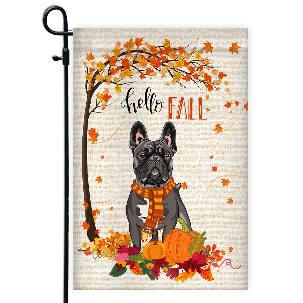 Hello Fall French Bulldog Dog Flag Maple Leaves Orange Pumpkin Autumn | siriusteestore