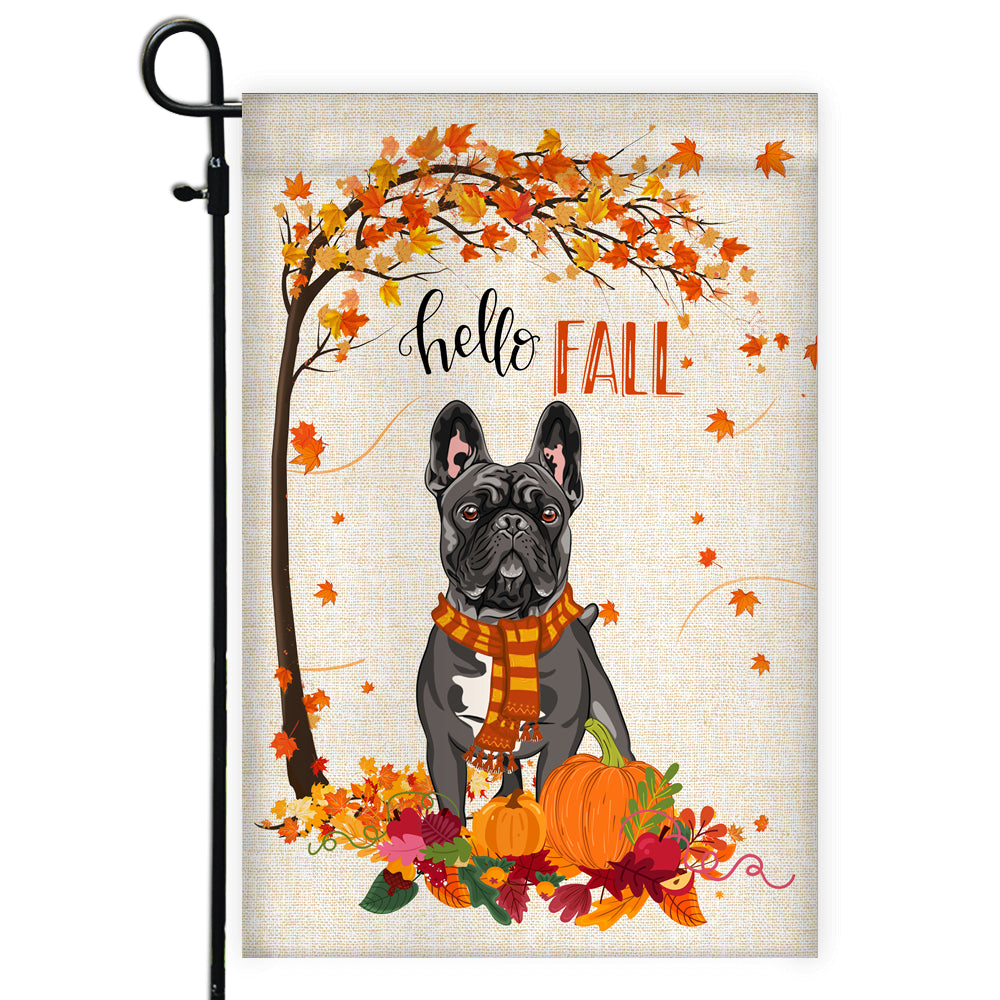 Hello Fall French Bulldog Dog Flag Maple Leaves Orange Pumpkin Autumn | siriusteestore