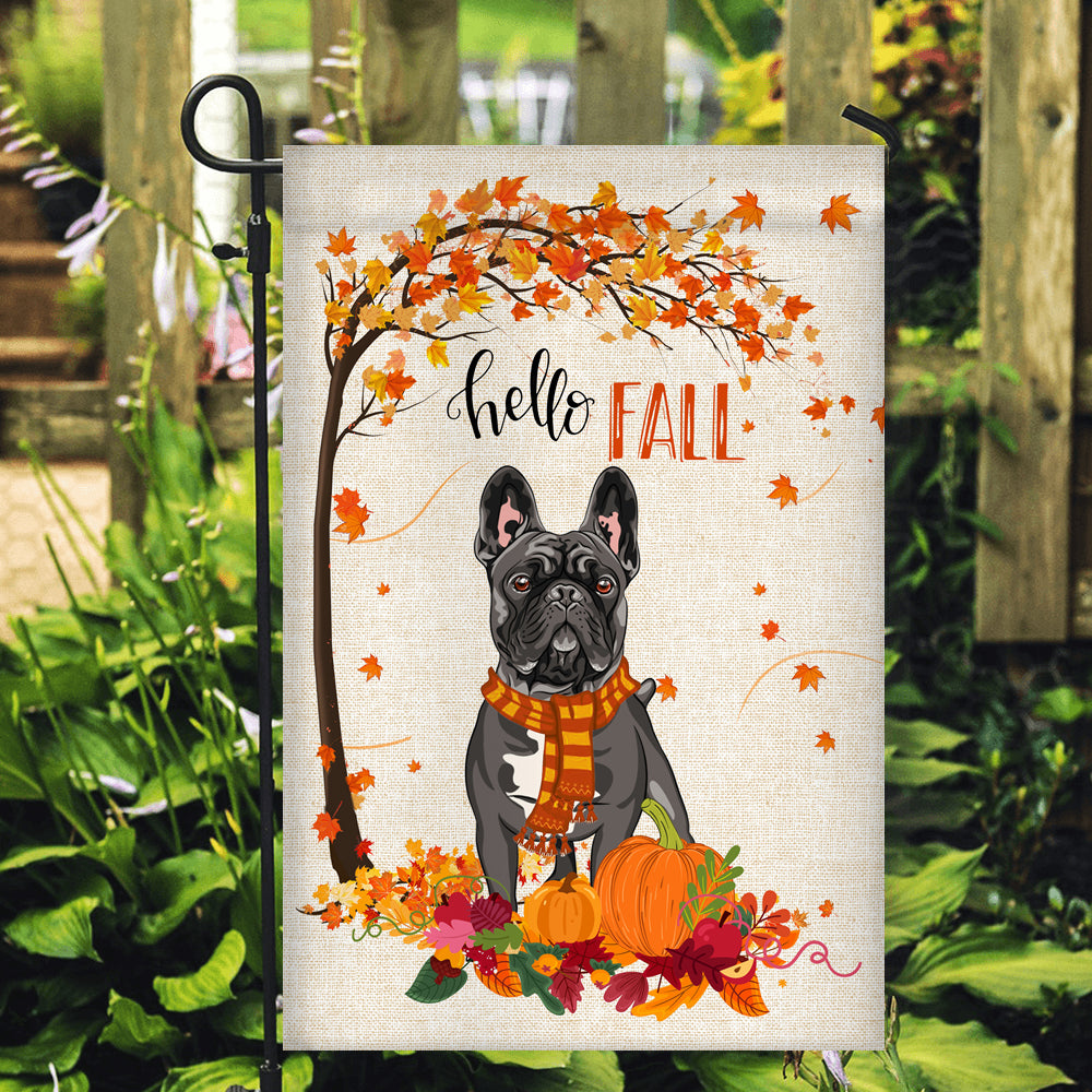 Hello Fall French Bulldog Dog Flag Maple Leaves Orange Pumpkin Autumn | siriusteestore