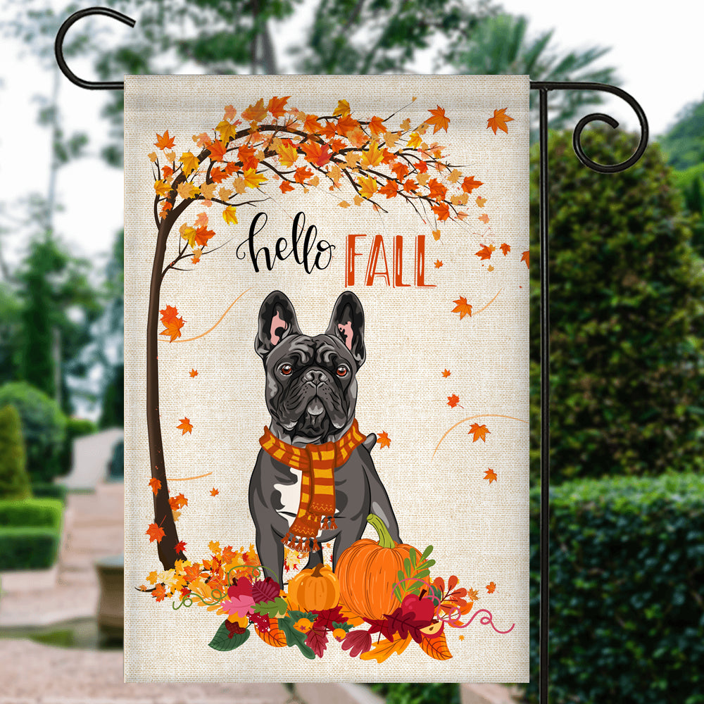 Hello Fall French Bulldog Dog Flag Maple Leaves Orange Pumpkin Autumn | siriusteestore