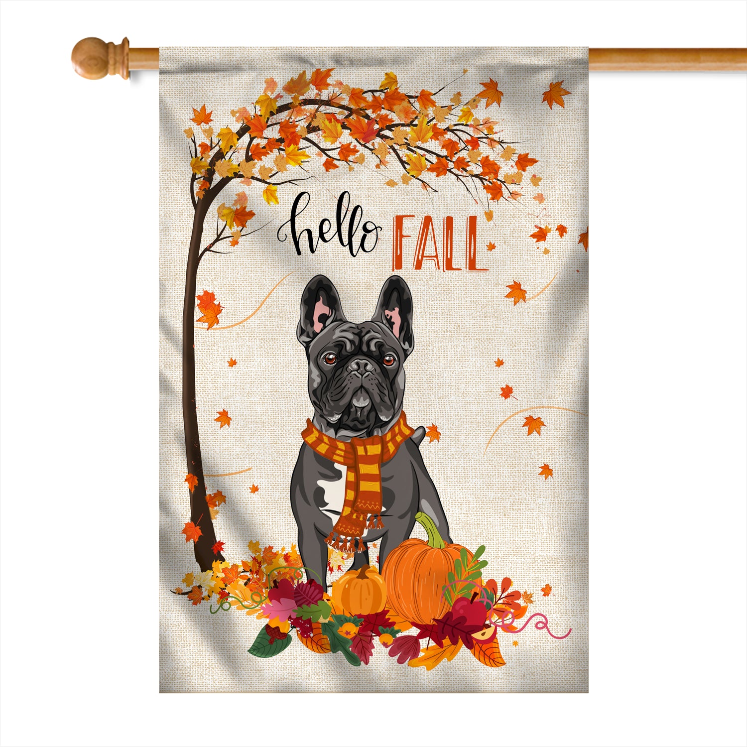 Hello Fall French Bulldog Dog Flag Maple Leaves Orange Pumpkin Autumn | siriusteestore
