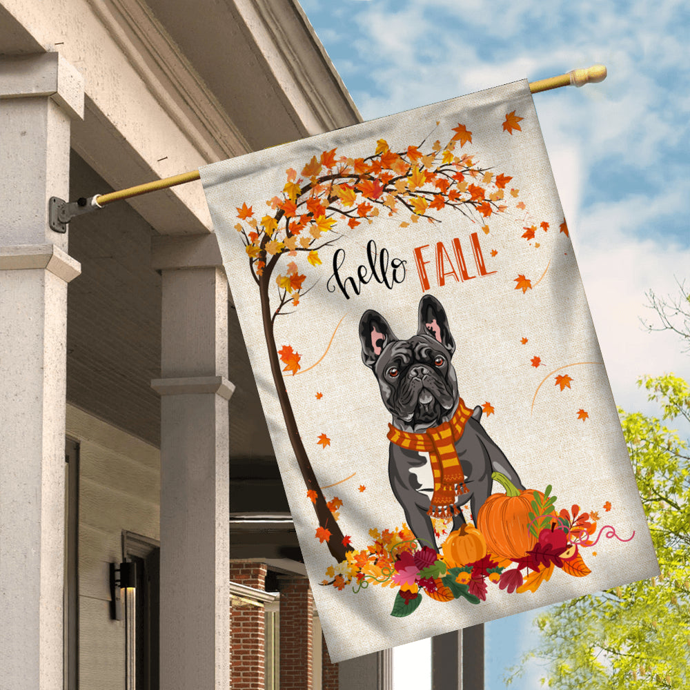 Hello Fall French Bulldog Dog Flag Maple Leaves Orange Pumpkin Autumn | siriusteestore