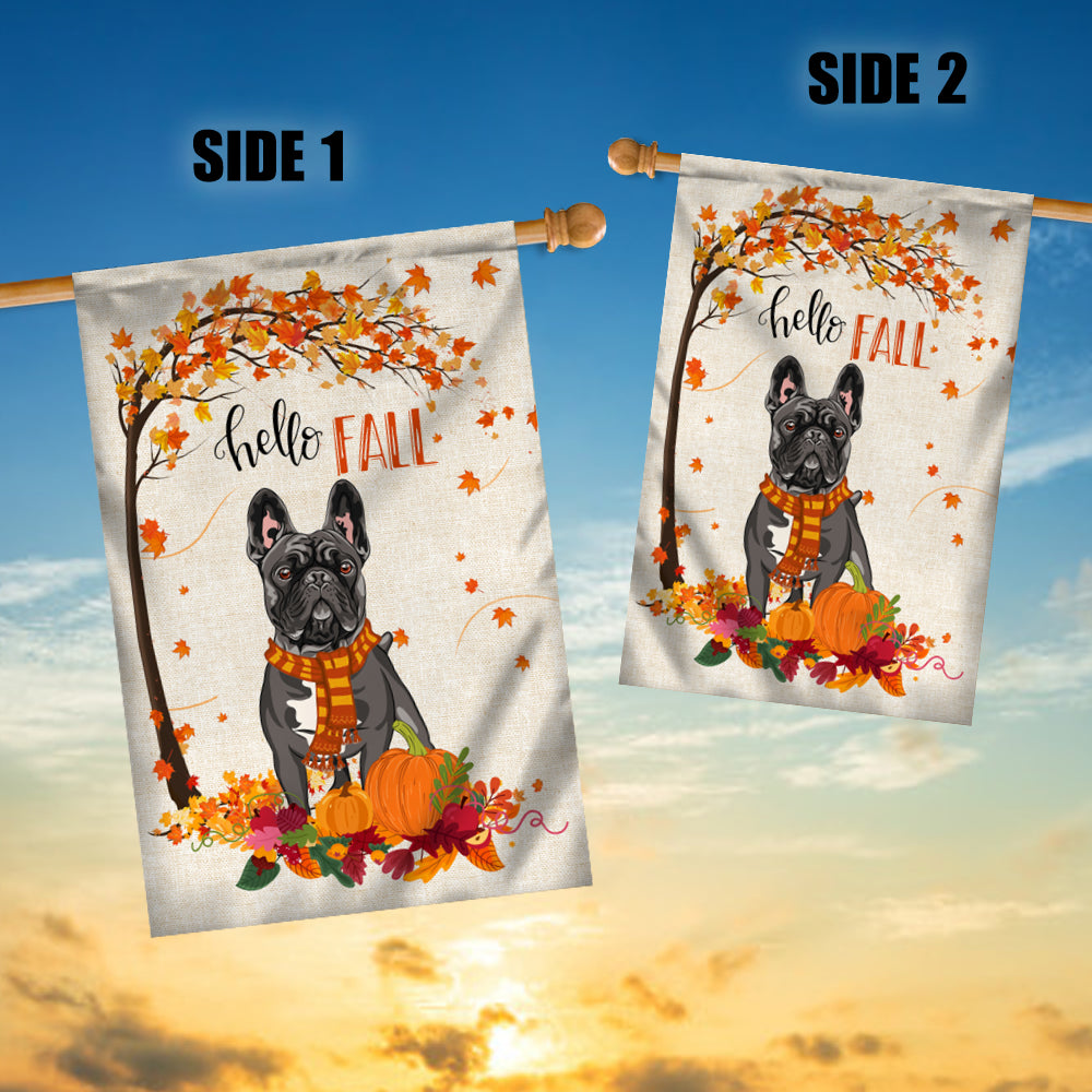 Hello Fall French Bulldog Dog Flag Maple Leaves Orange Pumpkin Autumn | siriusteestore