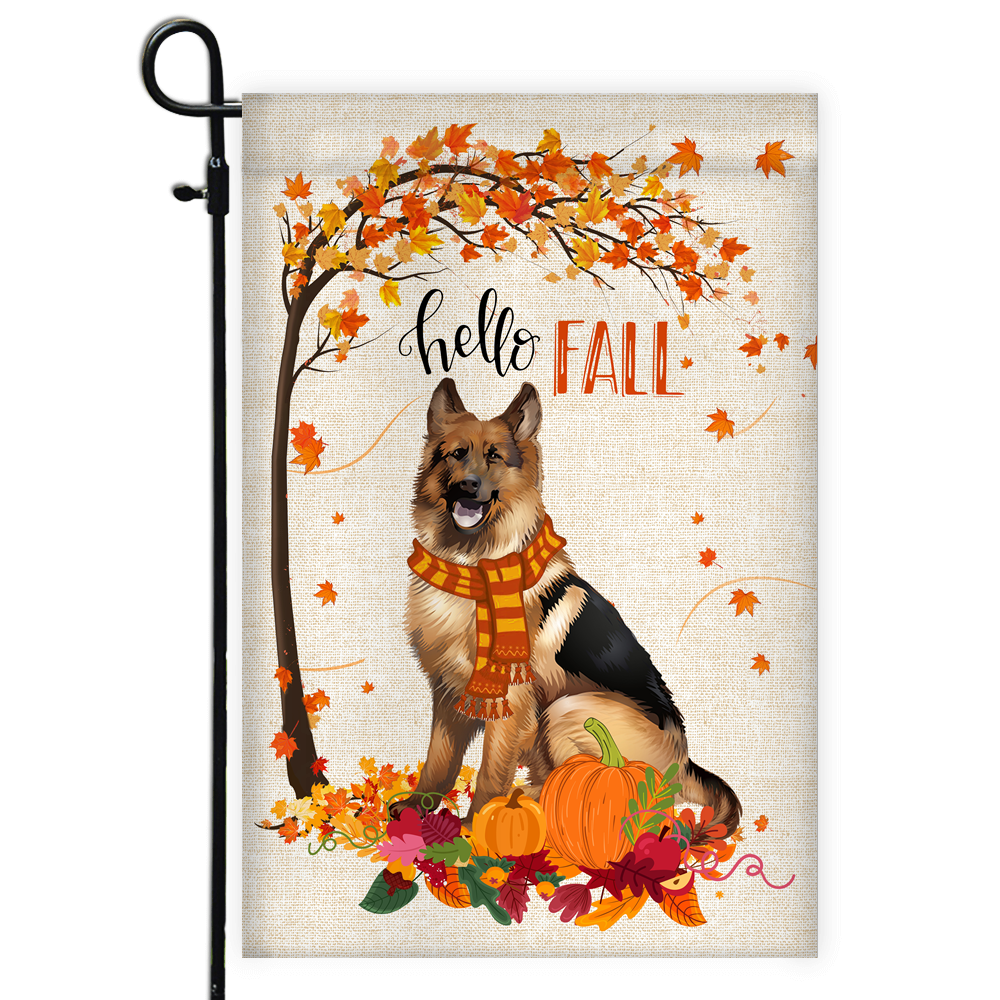 Hello Fall German Shepherd Dog Flag Maple Leaves Orange Pumpkin Autumn | siriusteestore