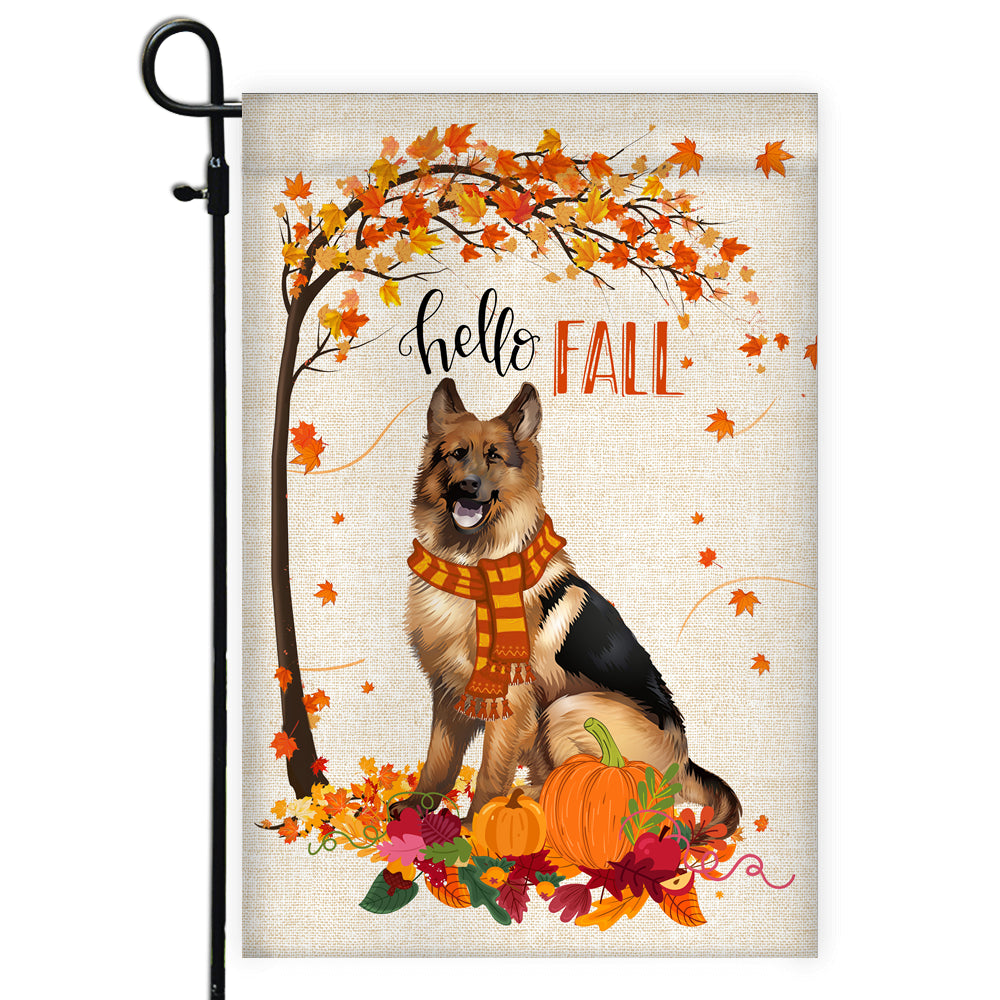 Hello Fall German Shepherd Dog Flag Maple Leaves Orange Pumpkin Autumn | siriusteestore