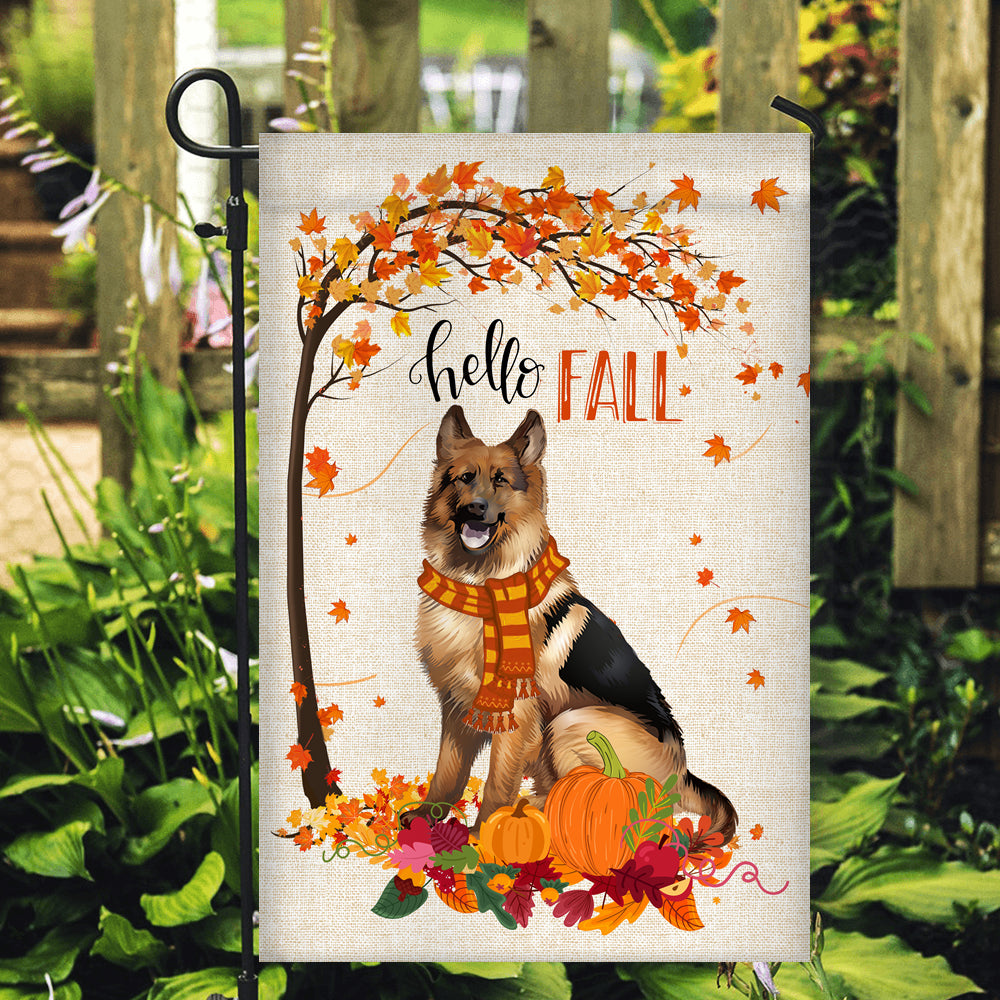 Hello Fall German Shepherd Dog Flag Maple Leaves Orange Pumpkin Autumn | siriusteestore