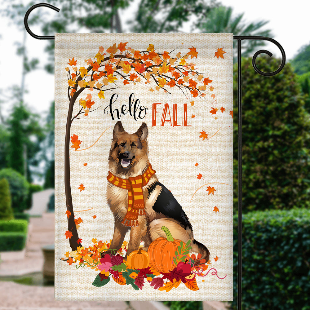 Hello Fall German Shepherd Dog Flag Maple Leaves Orange Pumpkin Autumn | siriusteestore