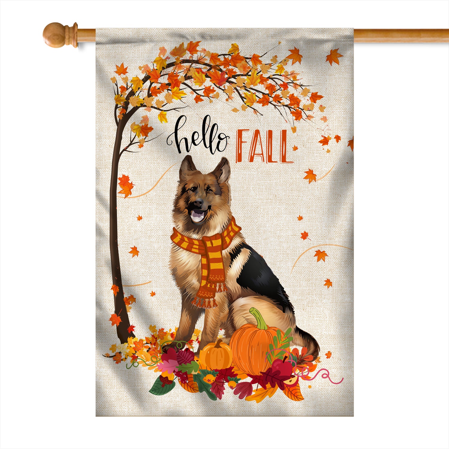 Hello Fall German Shepherd Dog Flag Maple Leaves Orange Pumpkin Autumn | siriusteestore