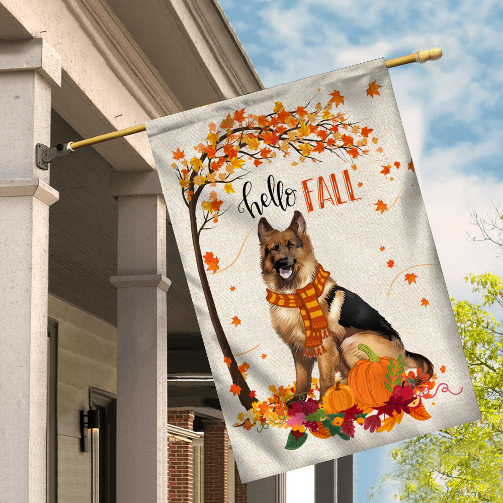 Hello Fall German Shepherd Dog Flag Maple Leaves Orange Pumpkin Autumn | siriusteestore