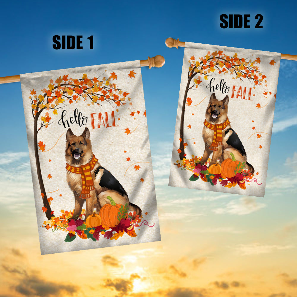Hello Fall German Shepherd Dog Flag Maple Leaves Orange Pumpkin Autumn | siriusteestore