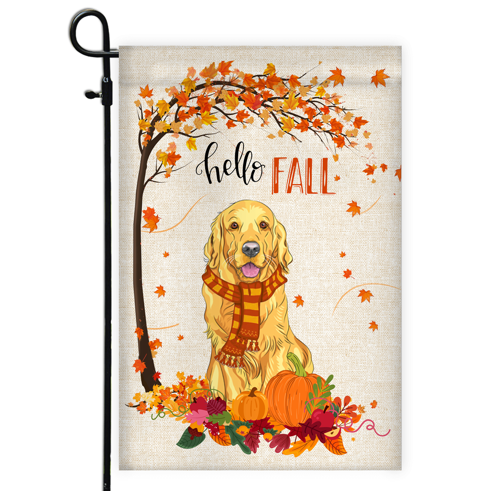 Hello Fall Golden Retriever Dog Flag Maple Leaves Orange Pumpkin Autumn | siriusteestore
