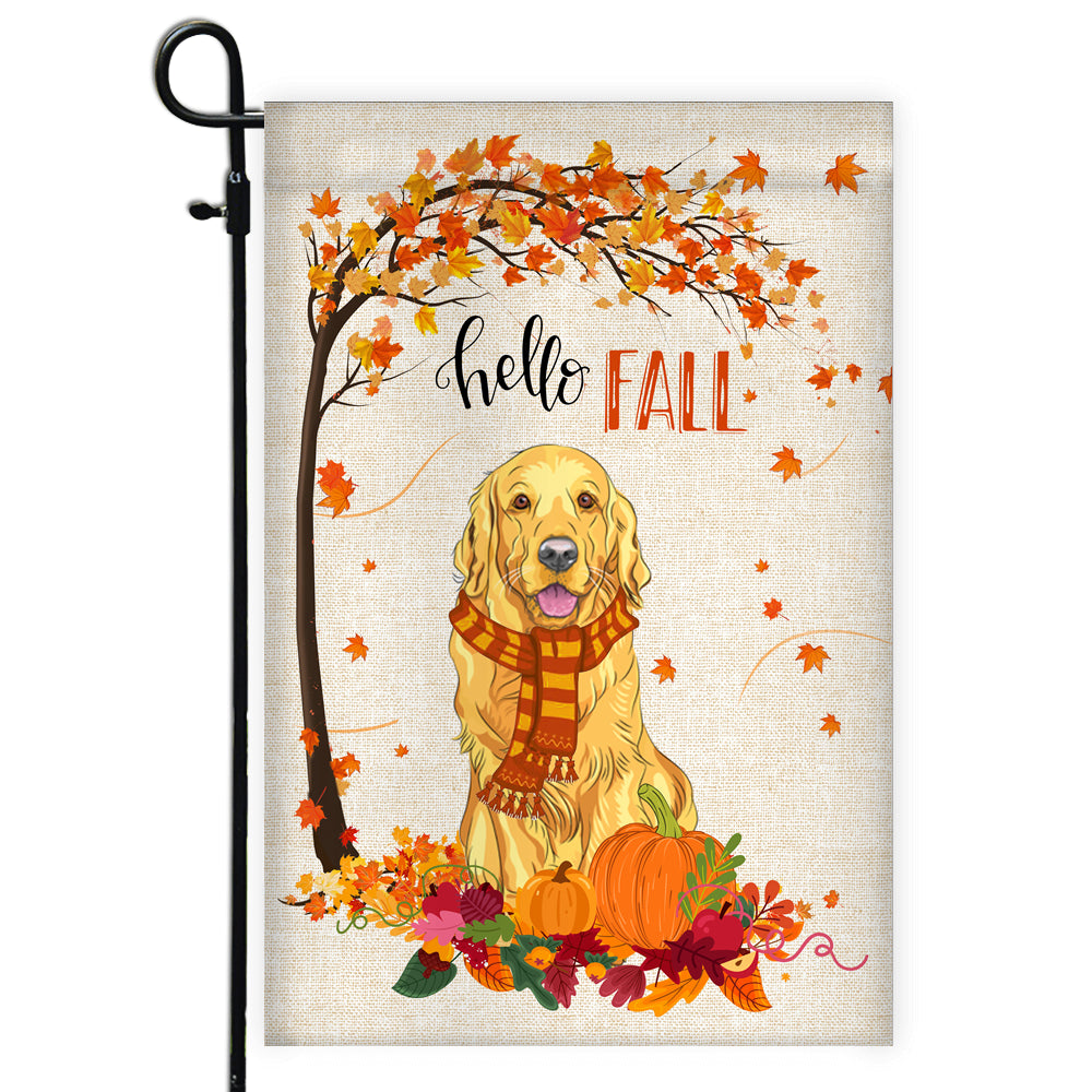 Hello Fall Golden Retriever Dog Flag Maple Leaves Orange Pumpkin Autumn | siriusteestore