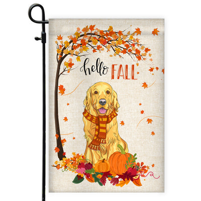 Hello Fall Golden Retriever Dog Flag Maple Leaves Orange Pumpkin Autumn | siriusteestore