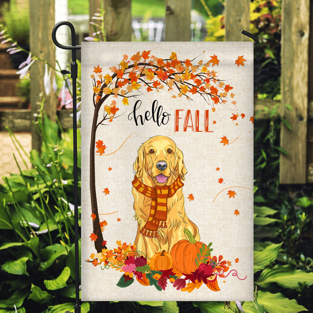 Hello Fall Golden Retriever Dog Flag Maple Leaves Orange Pumpkin Autumn | siriusteestore