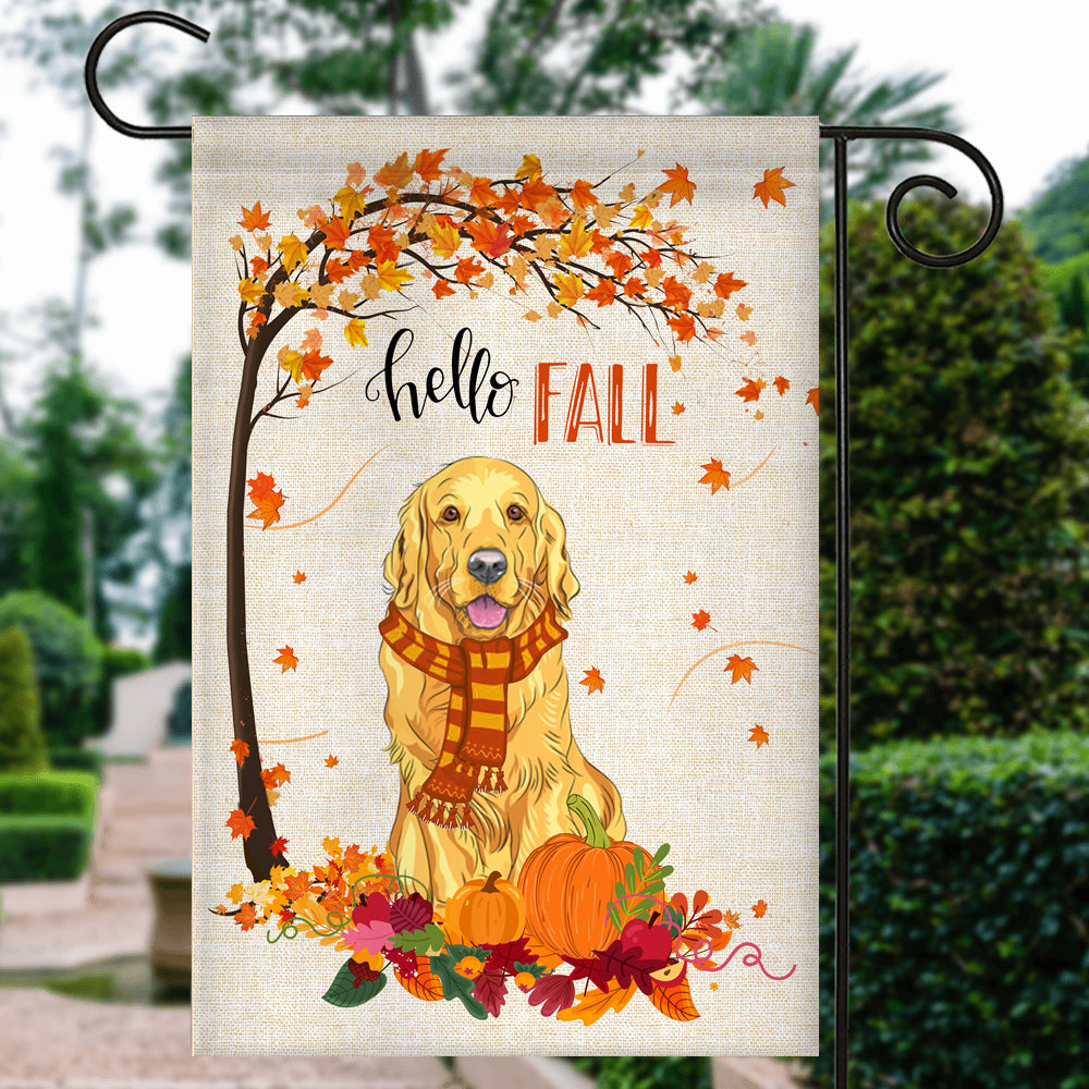 Hello Fall Golden Retriever Dog Flag Maple Leaves Orange Pumpkin Autumn | siriusteestore