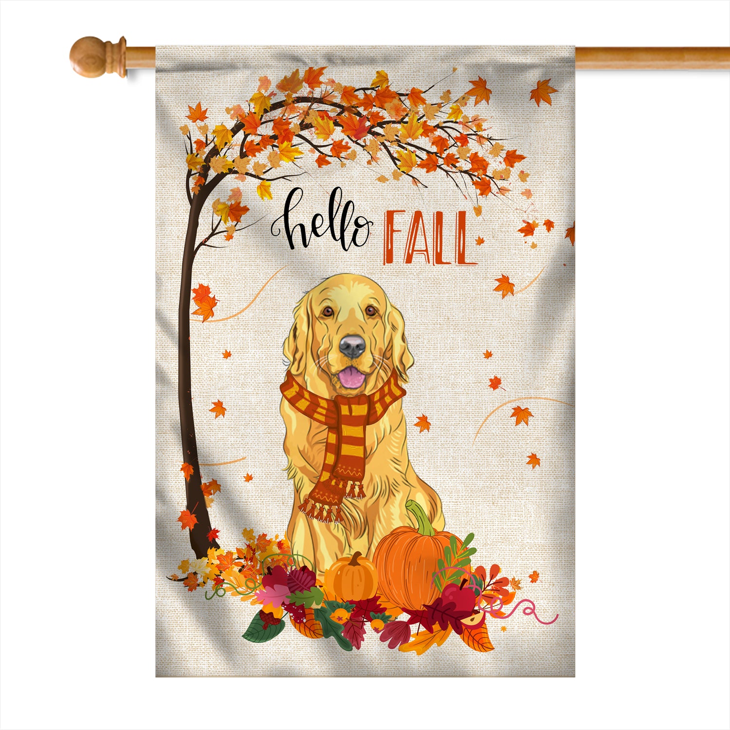 Hello Fall Golden Retriever Dog Flag Maple Leaves Orange Pumpkin Autumn | siriusteestore