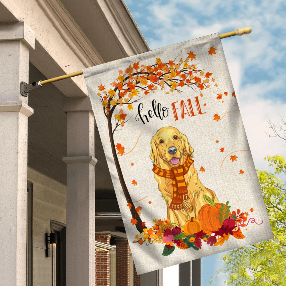 Hello Fall Golden Retriever Dog Flag Maple Leaves Orange Pumpkin Autumn | siriusteestore