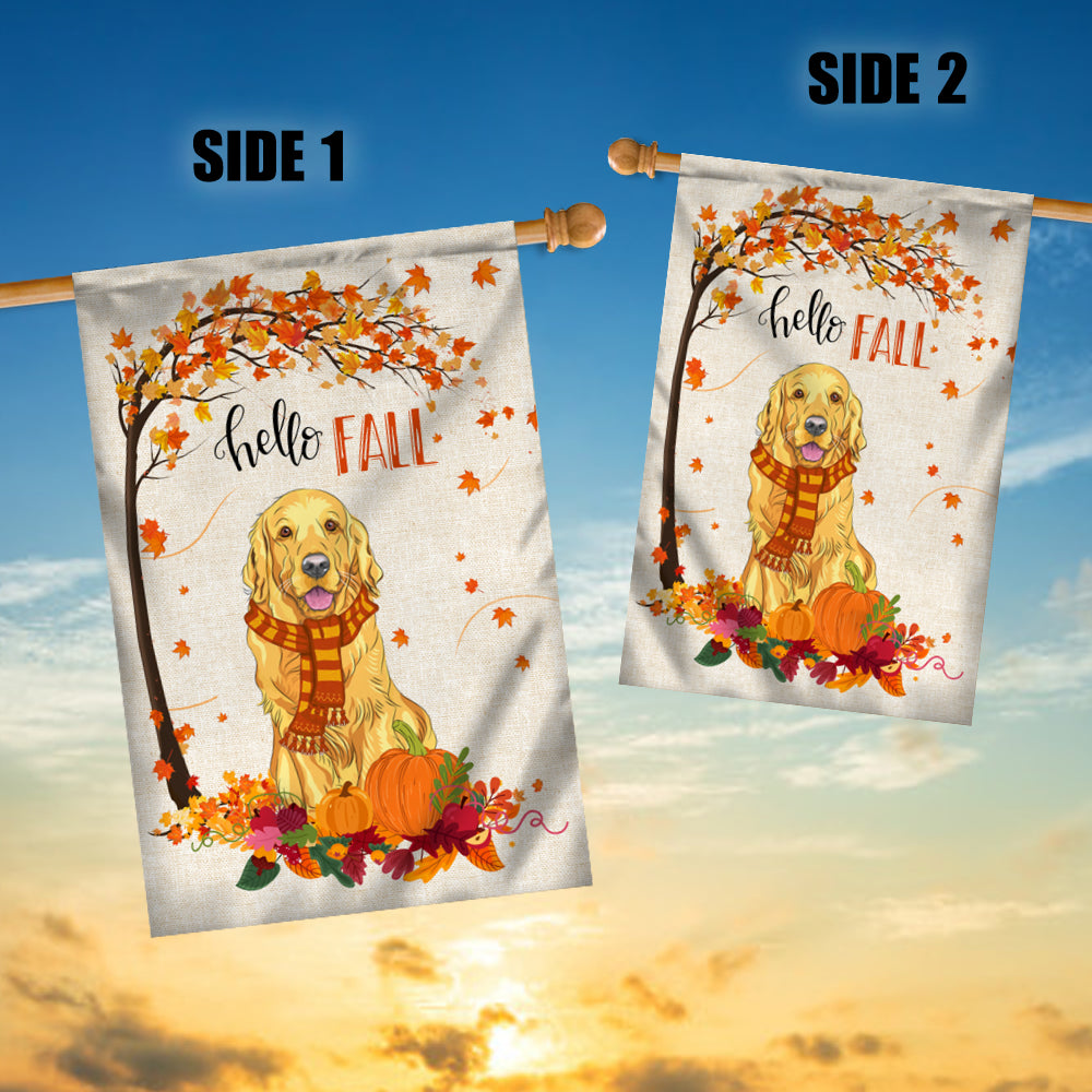 Hello Fall Golden Retriever Dog Flag Maple Leaves Orange Pumpkin Autumn | siriusteestore
