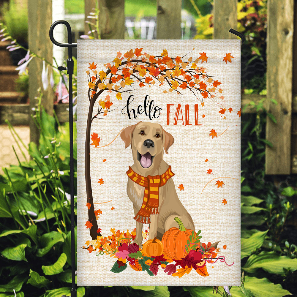 Hello Fall Labrador Dog Flag Maple Leaves Orange Pumpkin Autumn | siriusteestore