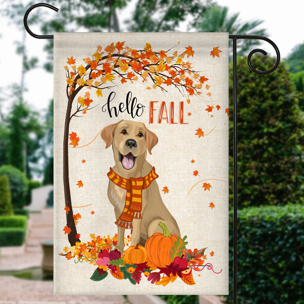 Hello Fall Labrador Dog Flag Maple Leaves Orange Pumpkin Autumn | siriusteestore
