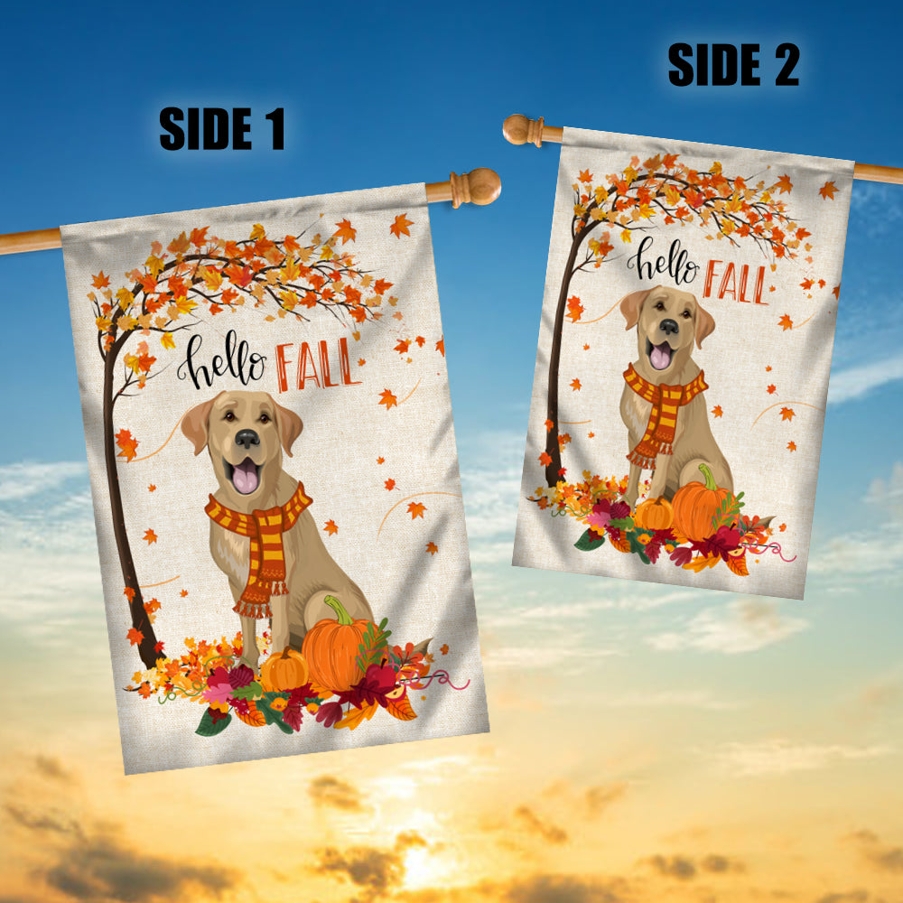 Hello Fall Labrador Dog Flag Maple Leaves Orange Pumpkin Autumn | siriusteestore