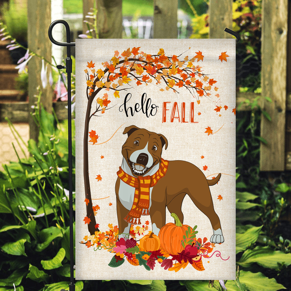 Hello Fall Pitbull Dog Flag Maple Leaves Orange Pumpkin Autumn | siriusteestore