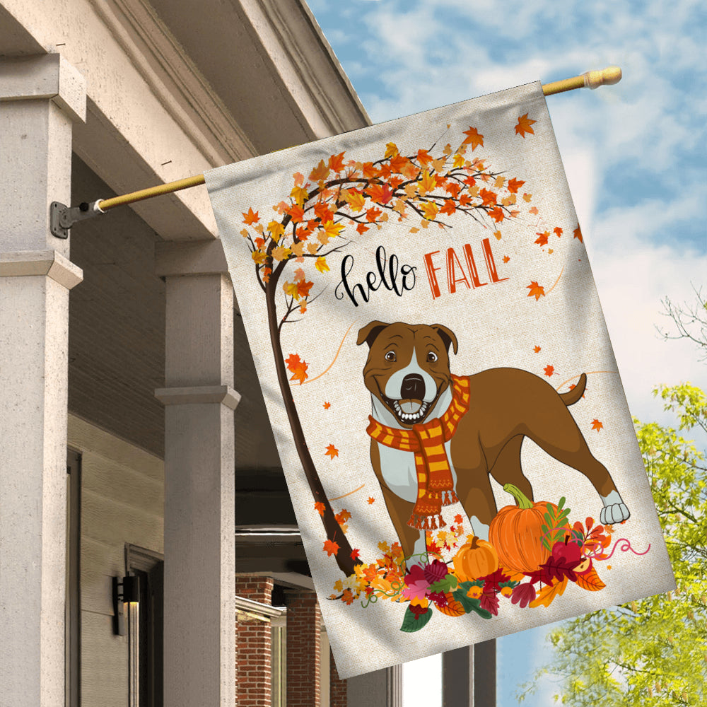 Hello Fall Pitbull Dog Flag Maple Leaves Orange Pumpkin Autumn | siriusteestore