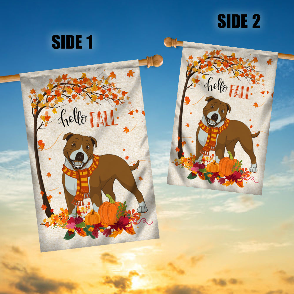 Hello Fall Pitbull Dog Flag Maple Leaves Orange Pumpkin Autumn | siriusteestore