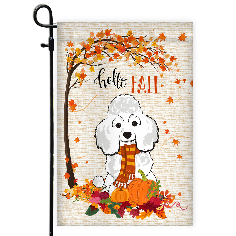 Hello Fall Poodle Dog Flag Maple Leaves Orange Pumpkin Autumn | siriusteestore