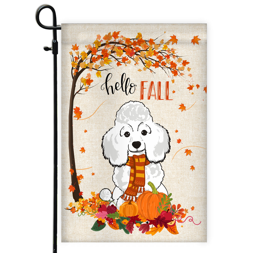 Hello Fall Poodle Dog Flag Maple Leaves Orange Pumpkin Autumn | siriusteestore