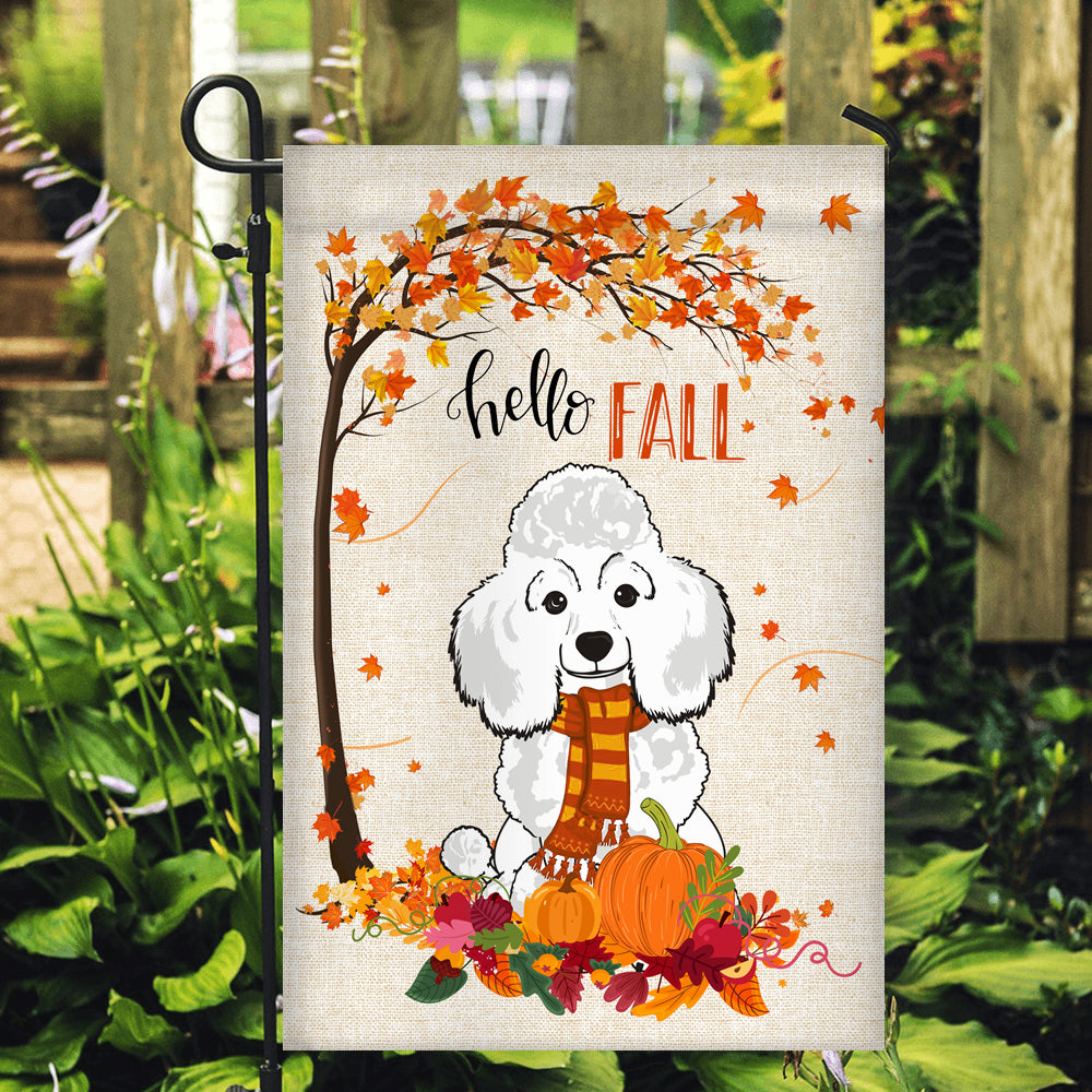 Hello Fall Poodle Dog Flag Maple Leaves Orange Pumpkin Autumn | siriusteestore