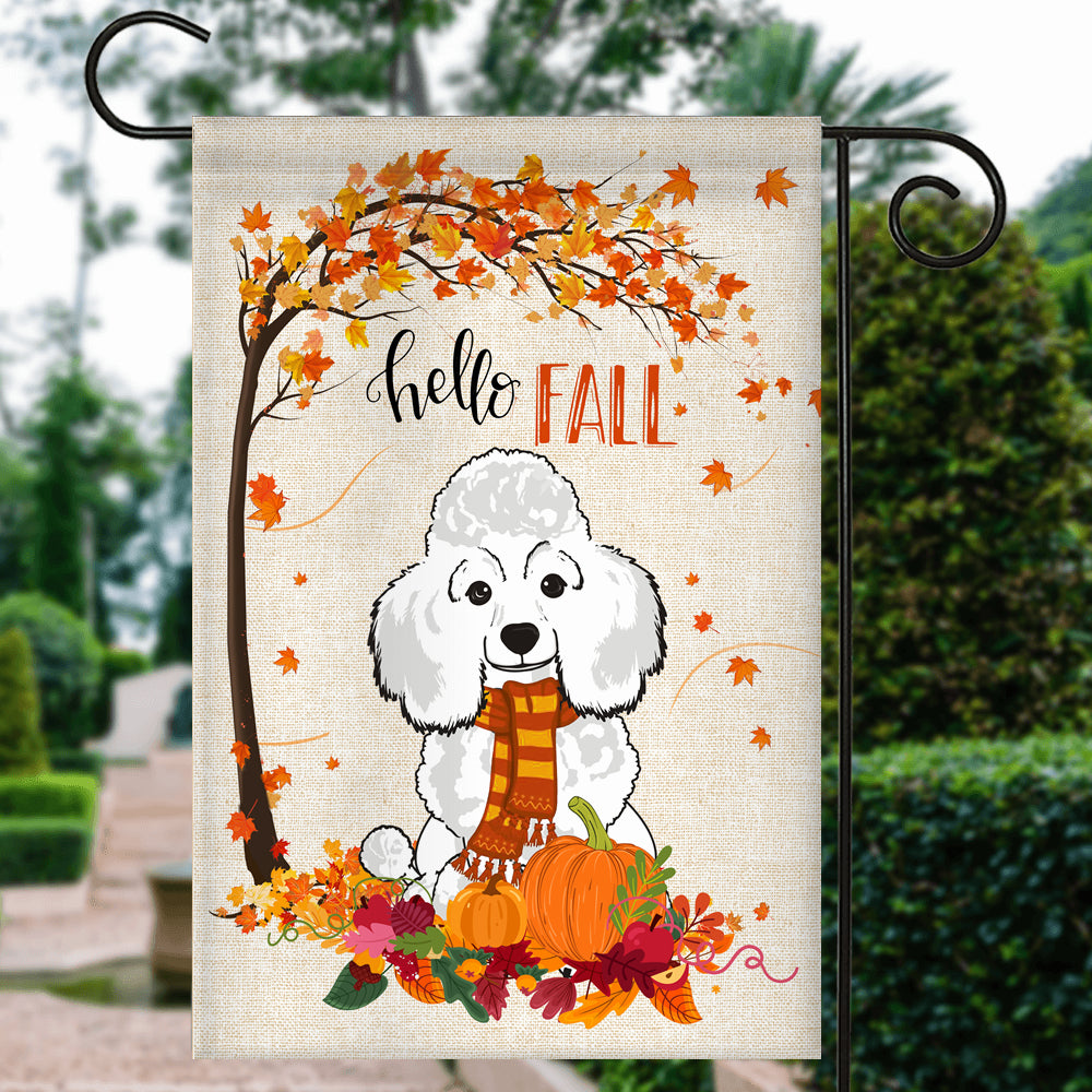 Hello Fall Poodle Dog Flag Maple Leaves Orange Pumpkin Autumn | siriusteestore