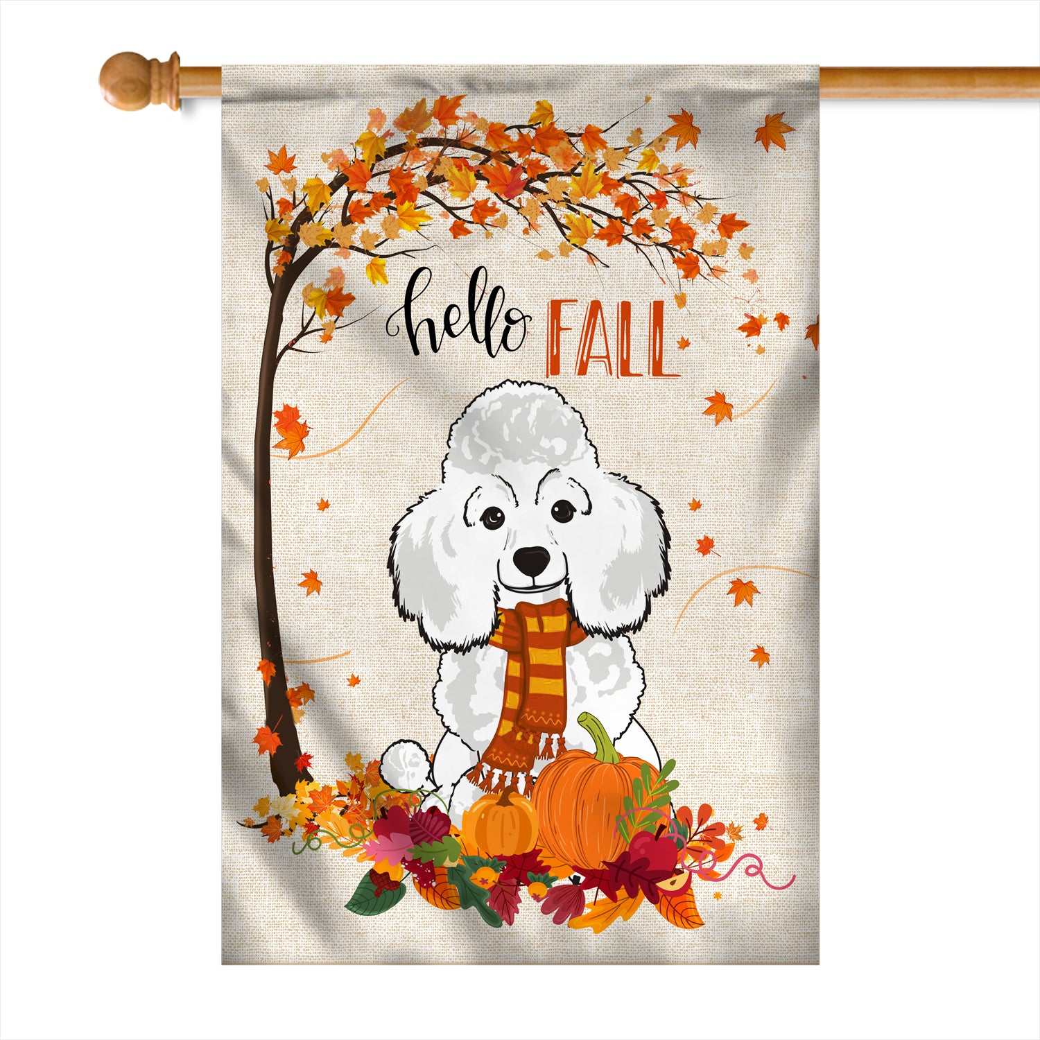 Hello Fall Poodle Dog Flag Maple Leaves Orange Pumpkin Autumn | siriusteestore