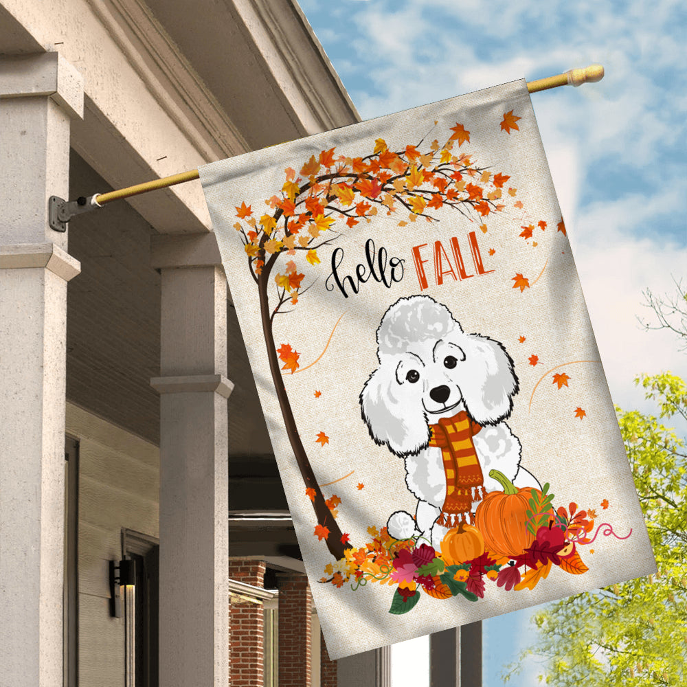 Hello Fall Poodle Dog Flag Maple Leaves Orange Pumpkin Autumn | siriusteestore