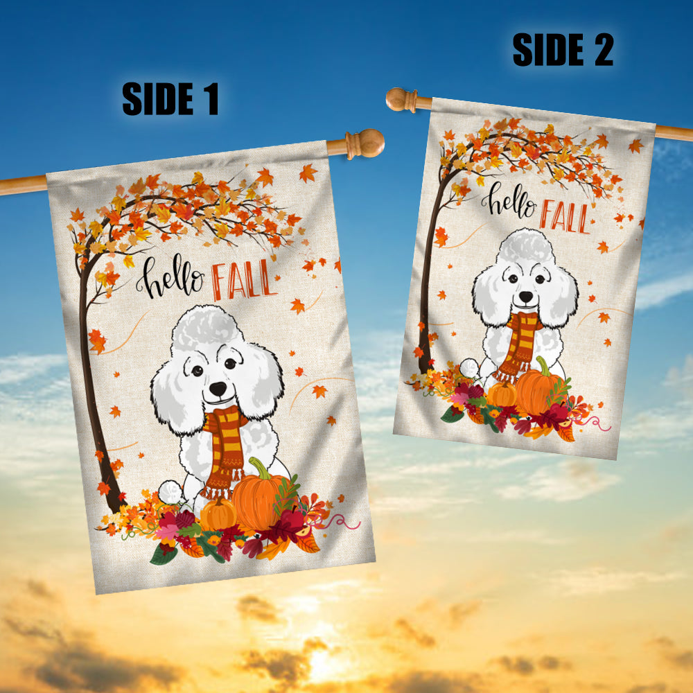 Hello Fall Poodle Dog Flag Maple Leaves Orange Pumpkin Autumn | siriusteestore