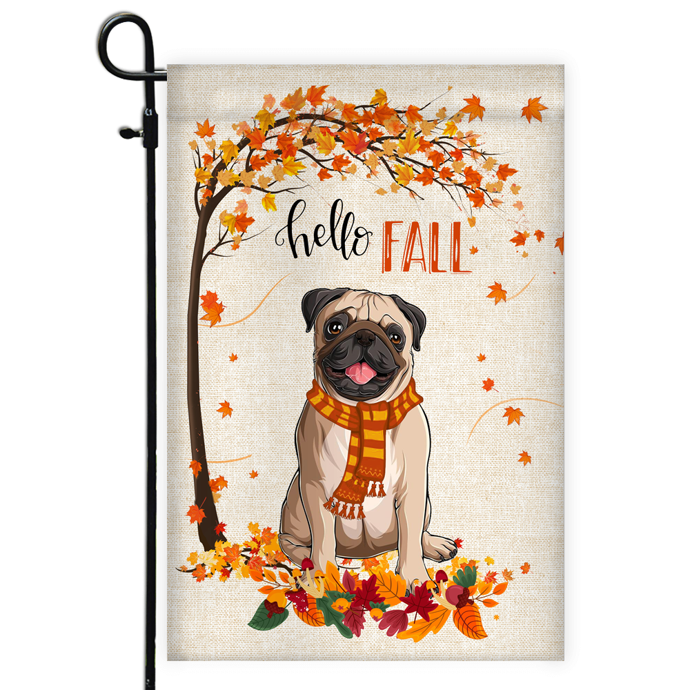 Hello Fall Pug Dog Flag Maple Leaves Orange Pumpkin Autumn | siriusteestore