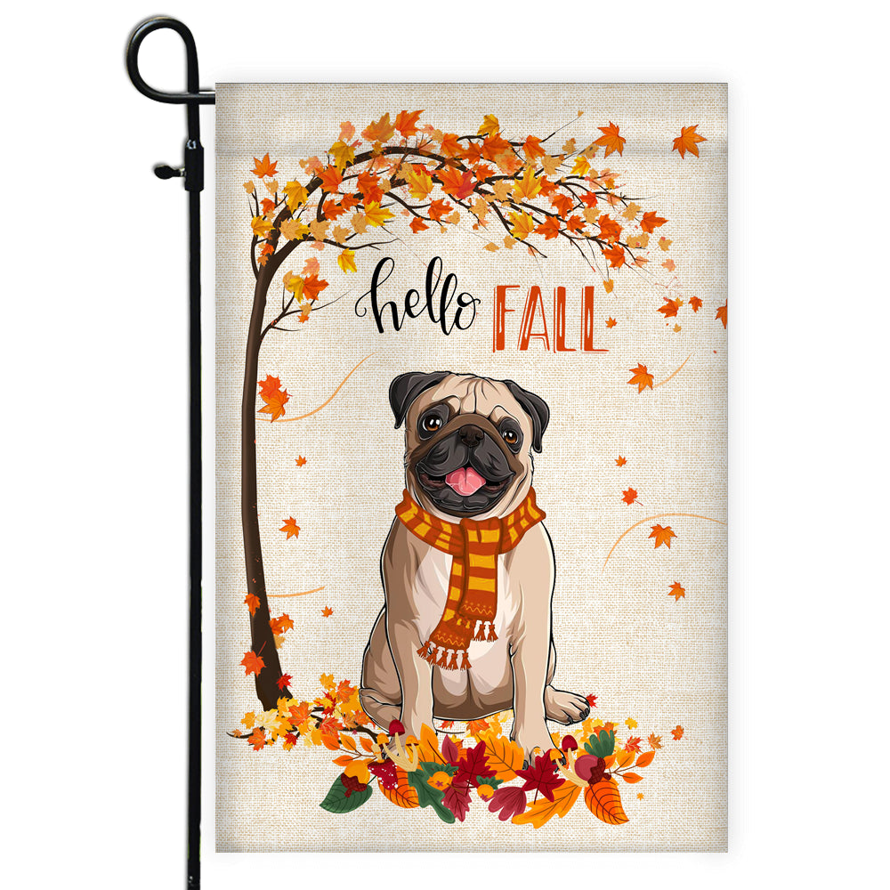 Hello Fall Pug Dog Flag Maple Leaves Orange Pumpkin Autumn | siriusteestore