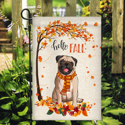 Hello Fall Pug Dog Flag Maple Leaves Orange Pumpkin Autumn | siriusteestore
